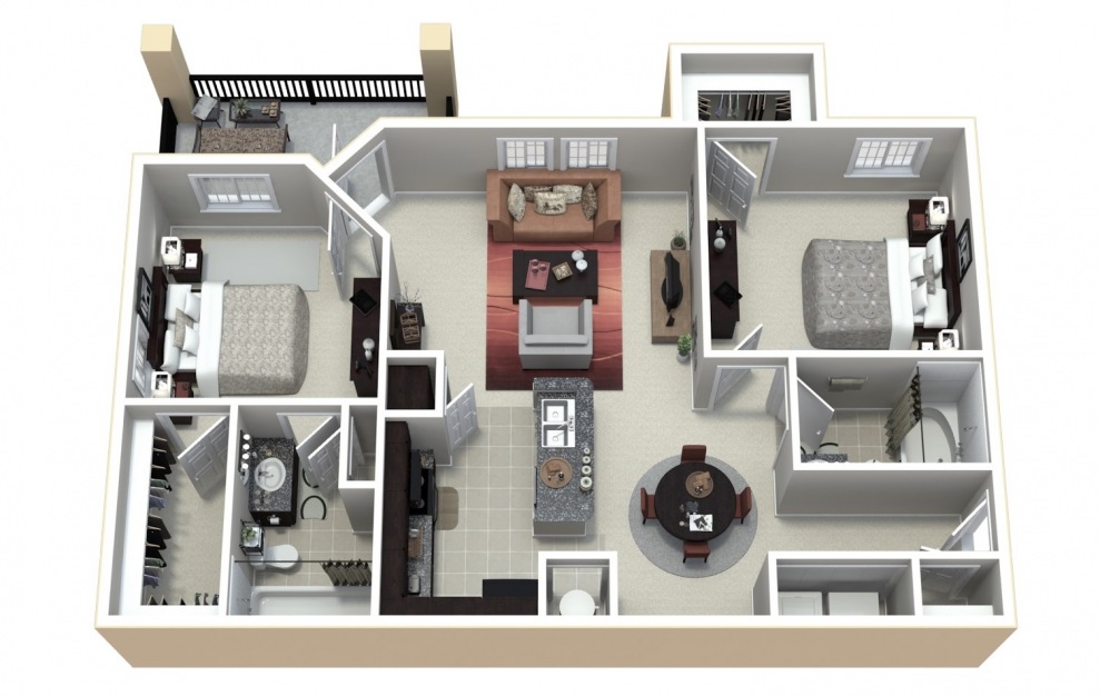 B1 - 2 bedroom floorplan layout with 2 baths and 1107 square feet.