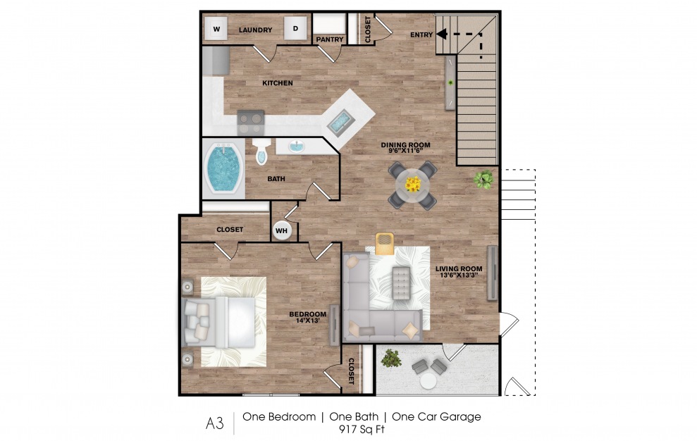 A3 Renovated - 1 bedroom floorplan layout with 1 bath and 917 square feet.