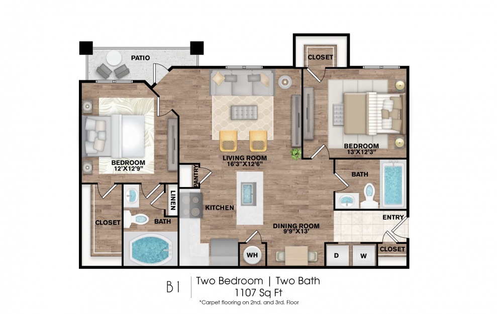 B1 Renovated - 2 bedroom floorplan layout with 2 baths and 1107 square feet.