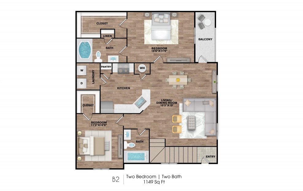 B2 Renovated - 2 bedroom floorplan layout with 2 baths and 1149 square feet.
